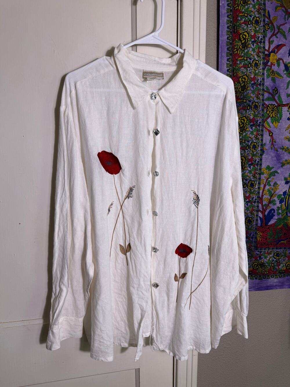 Coldwater Creek 3X 100% Linen Shirt White Embroidered Poppy Floral Button Up